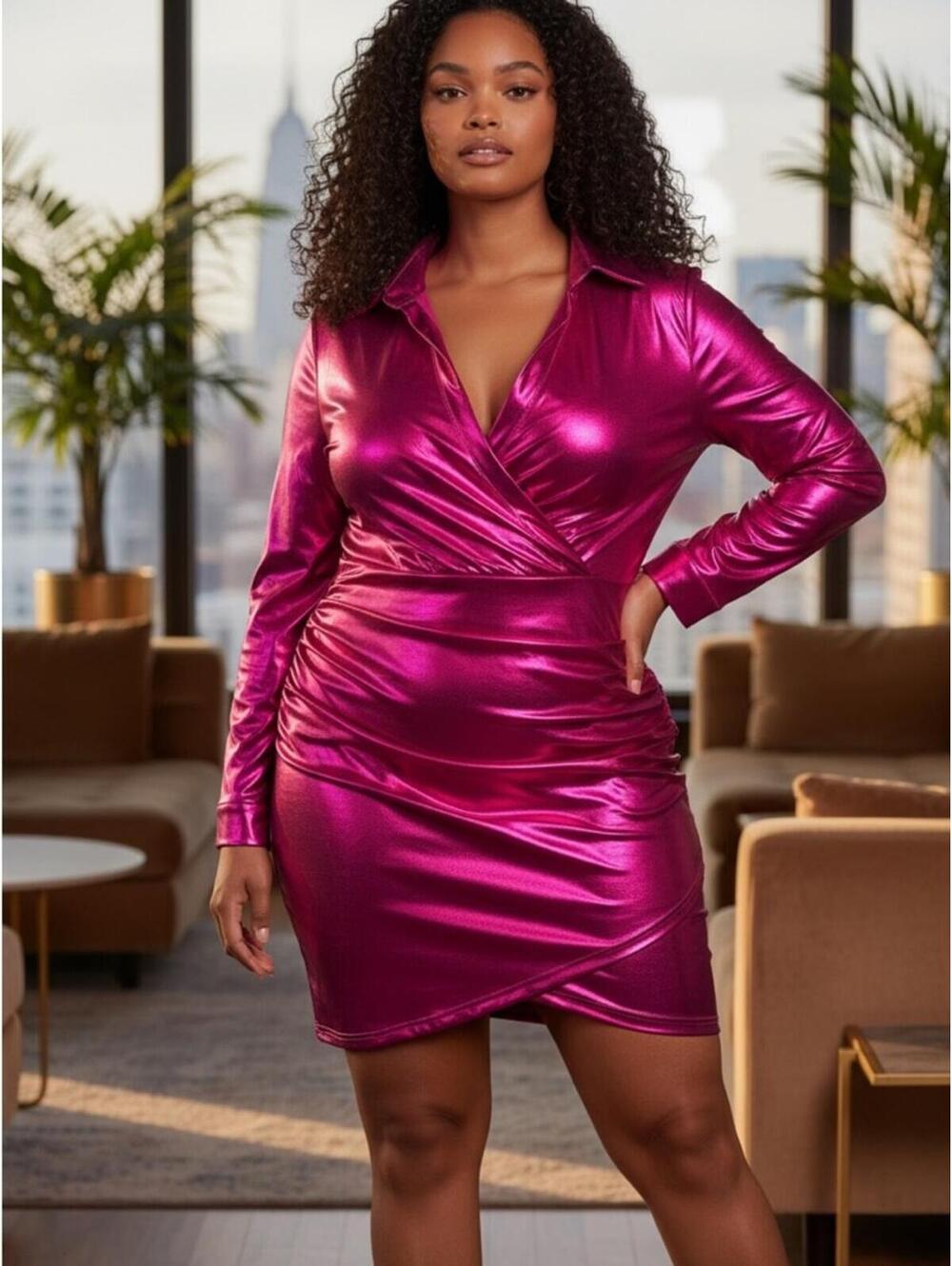 Metallic Fuchsia Wrap-Front Mini Dress with Collared Neck